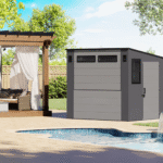 Suncast Cabana 8' x 7' Resin Storage Shed Backyard Utility Shed with Floor Kit Skylights and Double Doors - Image 2