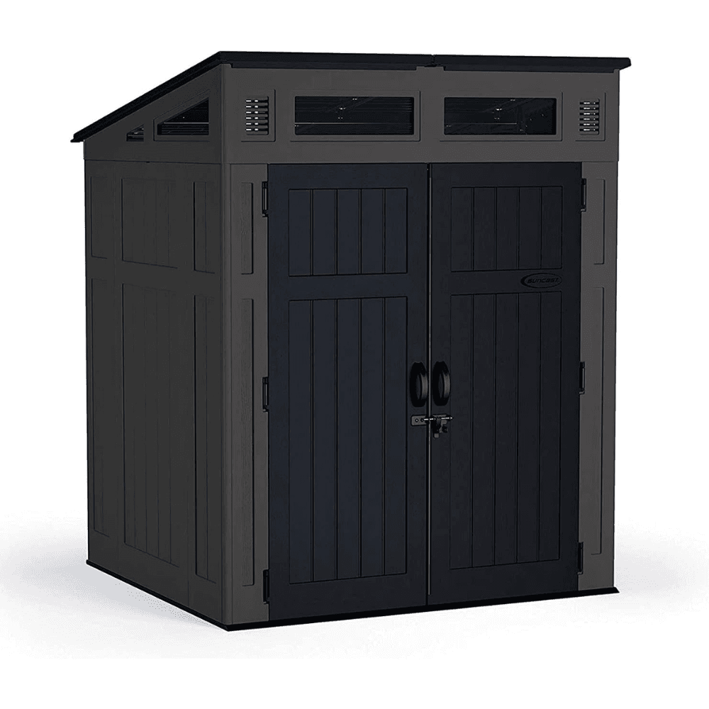 saybrokeeer-product-274-image-1.png Suncast Modernist 6' x 5' Resin Storage Shed Peppercorn and Black Utility Shed with Steel Frame and Floor Kit - Image 1
