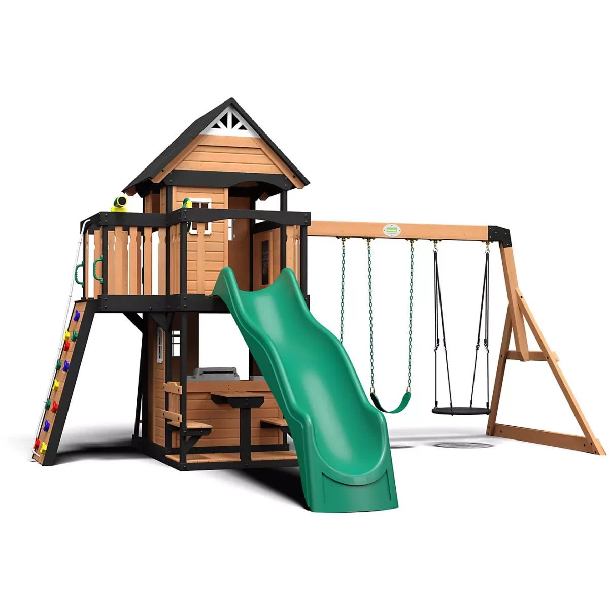 saybrokeeer-product-288-image-1.jpg Backyard Discovery Canyon Creek Cedar Wood Playset Swing Set with Wave Slide Rock Climbing Wall and Lower Playhouse - Image 1