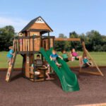 Backyard Discovery Canyon Creek Cedar Wood Playset Swing Set with Wave Slide Rock Climbing Wall and Lower Playhouse - Image 2