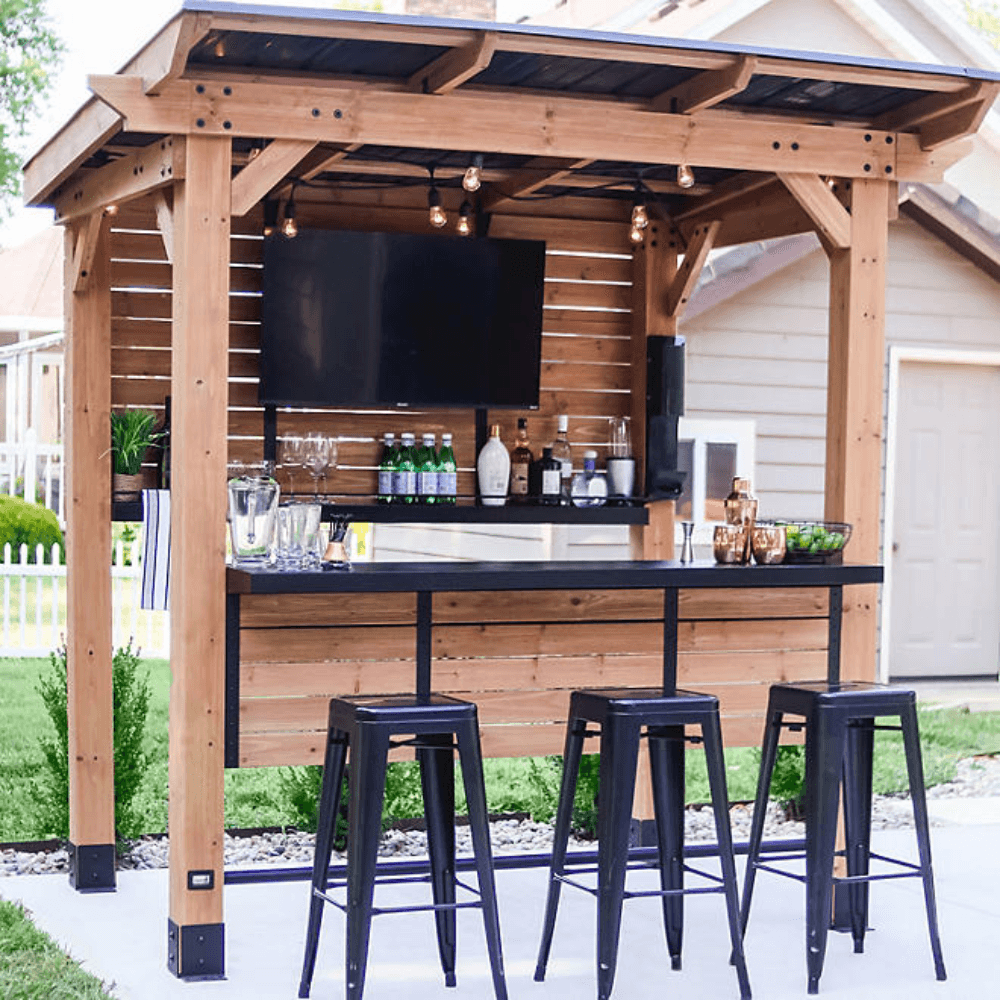 saybrokeeer-product-290-image-1.png Backyard Discovery Cedar Springs Cedar Wood Outdoor Bar Set with Steel Countertops Shelving and TV Mount Privacy Wall - Image 1