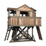 Backyard Discovery Eagles Nest Cedar Wooden Playhouse Playset with 7-Foot Crow's Nest Wave Slide and Rock Climbing Wall