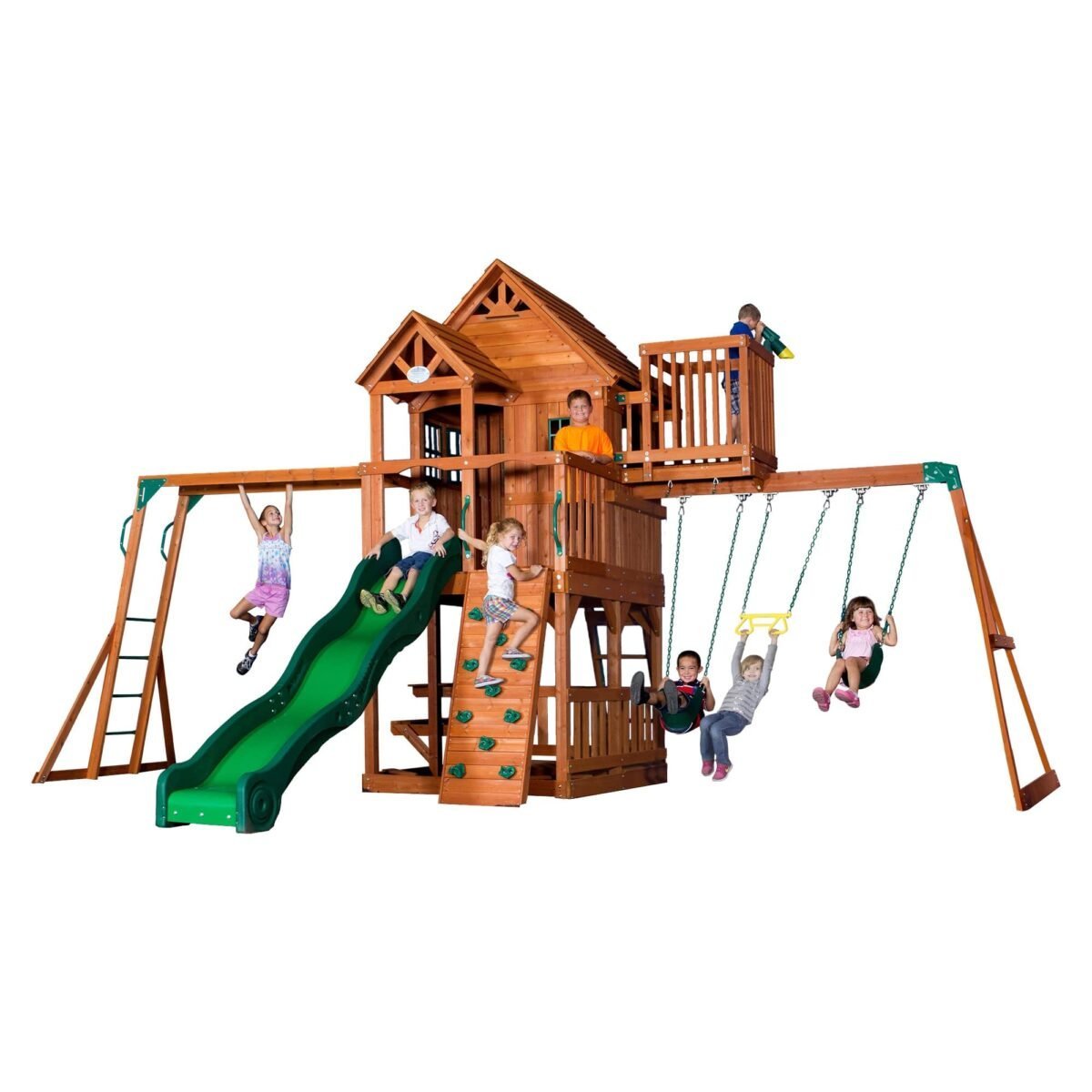 saybrokeeer-product-294-image-1.jpg Backyard Discovery Skyfort II Cedar Wood Playset Swing Set with Raised Clubhouse Wave Slide Monkey Bars and Rock Climbing Wall - Image 1
