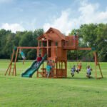 Backyard Discovery Skyfort II Cedar Wood Playset Swing Set with Raised Clubhouse Wave Slide Monkey Bars and Rock Climbing Wall - Image 2