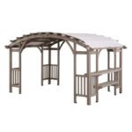 Sunjoy Bellucci 10' x 14' Arched Pergola Light Grey Outdoor Cedar Wood Frame Shelter with Canopy and Built-in Shelves