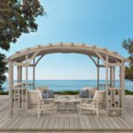 Sunjoy Bellucci 10' x 14' Arched Pergola Light Grey Outdoor Cedar Wood Frame Shelter with Canopy and Built-in Shelves - Image 2